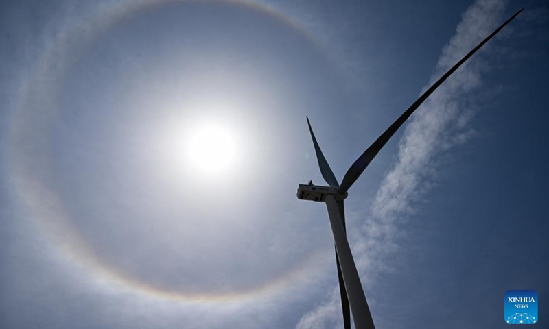 This photo shows a wind turbine at a new energy base in Zhenglan Banner of Xilingol League, north China's Inner Mongolia Autonomous Region, May 14, 2026.

Leveraging its geographic and resource advantages, Zhenglan Banner accelerated the large-scale, clustered development of new energy with a focus on wind power in recent years. With 11 wind projects already completed, it is now building a 10-gigawatt-scale integrated energy base to establish a clean, low-carbon, safe and efficient modern energy system. (Xinhua/Li Zhipeng)