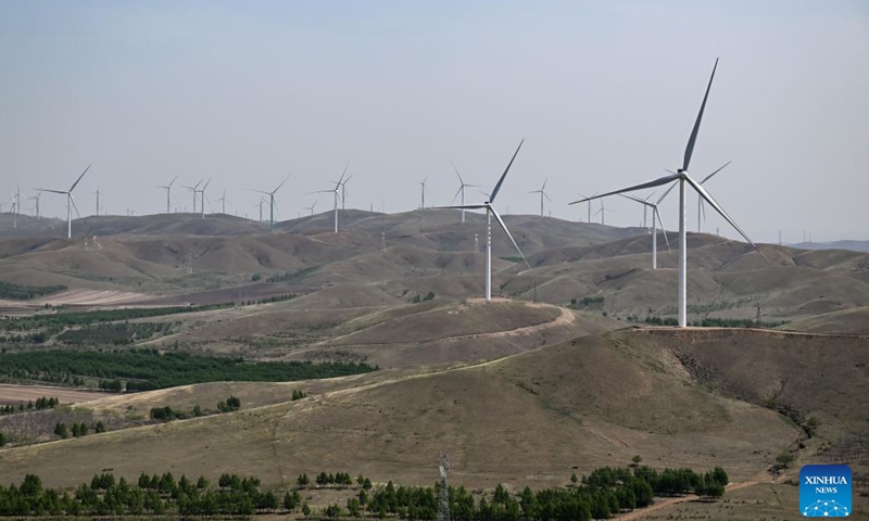 An aerial drone photo shows a new energy base in Zhenglan Banner of Xilingol League, north China's Inner Mongolia Autonomous Region, May 14, 2026.

Leveraging its geographic and resource advantages, Zhenglan Banner accelerated the large-scale, clustered development of new energy with a focus on wind power in recent years. With 11 wind projects already completed, it is now building a 10-gigawatt-scale integrated energy base to establish a clean, low-carbon, safe and efficient modern energy system. (Xinhua/Li Zhipeng)