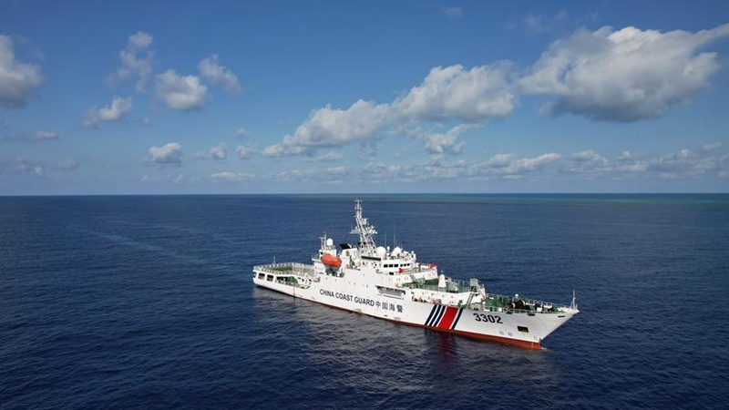 An aerial drone photo taken on May 12, 2026 shows the China Coast Guard (CCG) vessel Chuanshan patrolling in the territorial waters of China's Huangyan Dao in the South China Sea. (Xinhua/Chen Bin)