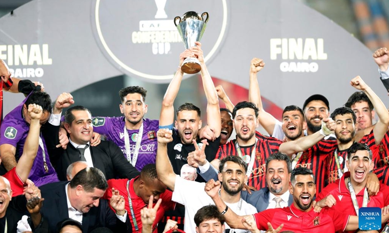 Players of USM Alger celebrate after winning the final match between Zamalek SC of Egypt and USM Alger of Algeria at the 2025/26 CAF Confederation Cup in Cairo, Egypt, on May 16, 2026. (Photo by Ahmed Gomaa/Xinhua)