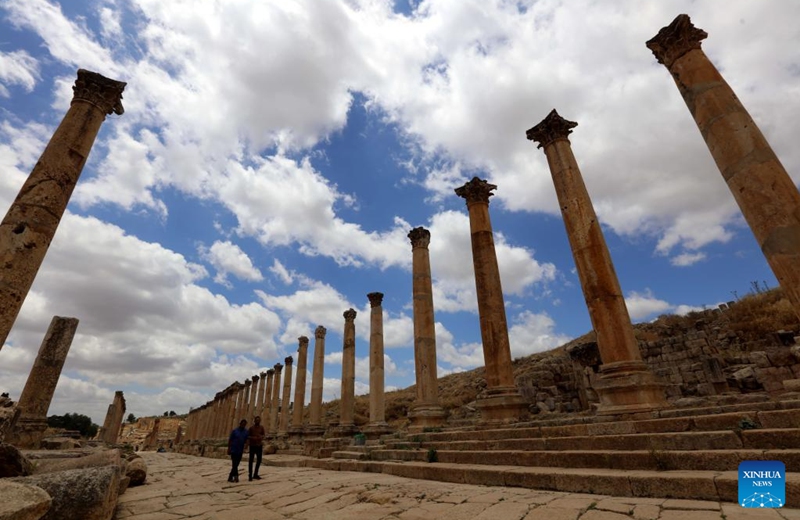 Tourists visit a Roman archeological site in Jerash, Jordan, May 16, 2026. (Photo by Mohammad Abu Ghosh/Xinhua)