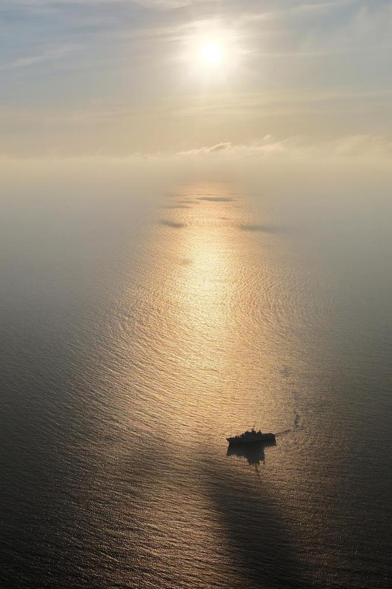 An aerial drone photo taken on May 1, 2026 shows the China Coast Guard (CCG) vessel Chuanshan patrolling in the territorial waters of China's Huangyan Dao in the South China Sea. (Xinhua/Chen Bin)