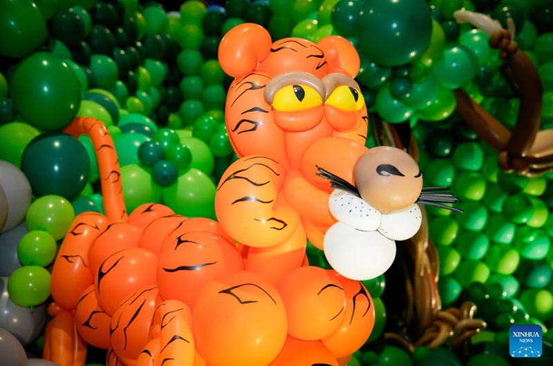 A tiger-themed balloon installation is seen during the World Balloon Festival in Warsaw, Poland, May 15, 2026. The festival takes place here from May 15 to 17, featuring large themed installations featuring tropical jungles, underwater world, outer space and architectural landmarks created with more than 100,000 biodegradable balloons. (Photo by Jaap Arriens/Xinhua)