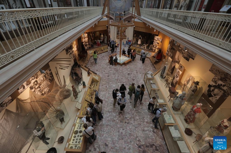 Visitors view exhibits at the Russian Museum of Ethnography in St. Petersburg, Russia, May 16, 2026. During the Night of Museums, an event held from May 16 to 17 in Russia, more than 140 museums, galleries, libraries, exhibition halls and concert halls stay open from evening till night, to mark the upcoming International Museum Day, observed globally on May 18. (Photo by Irina Motina/Xinhua)