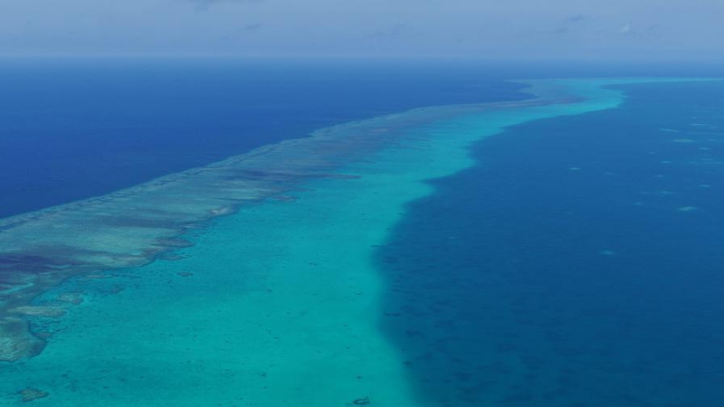 An aerial drone photo taken on May 2, 2026 shows reefs in the territorial waters of China's Huangyan Dao in the South China Sea. (Xinhua/Chen Bin)