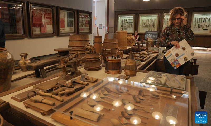A visitor views exhibits at the Russian Museum of Ethnography in St. Petersburg, Russia, May 16, 2026. During the Night of Museums, an event held from May 16 to 17 in Russia, more than 140 museums, galleries, libraries, exhibition halls and concert halls stay open from evening till night, to mark the upcoming International Museum Day, observed globally on May 18. (Photo by Irina Motina/Xinhua)