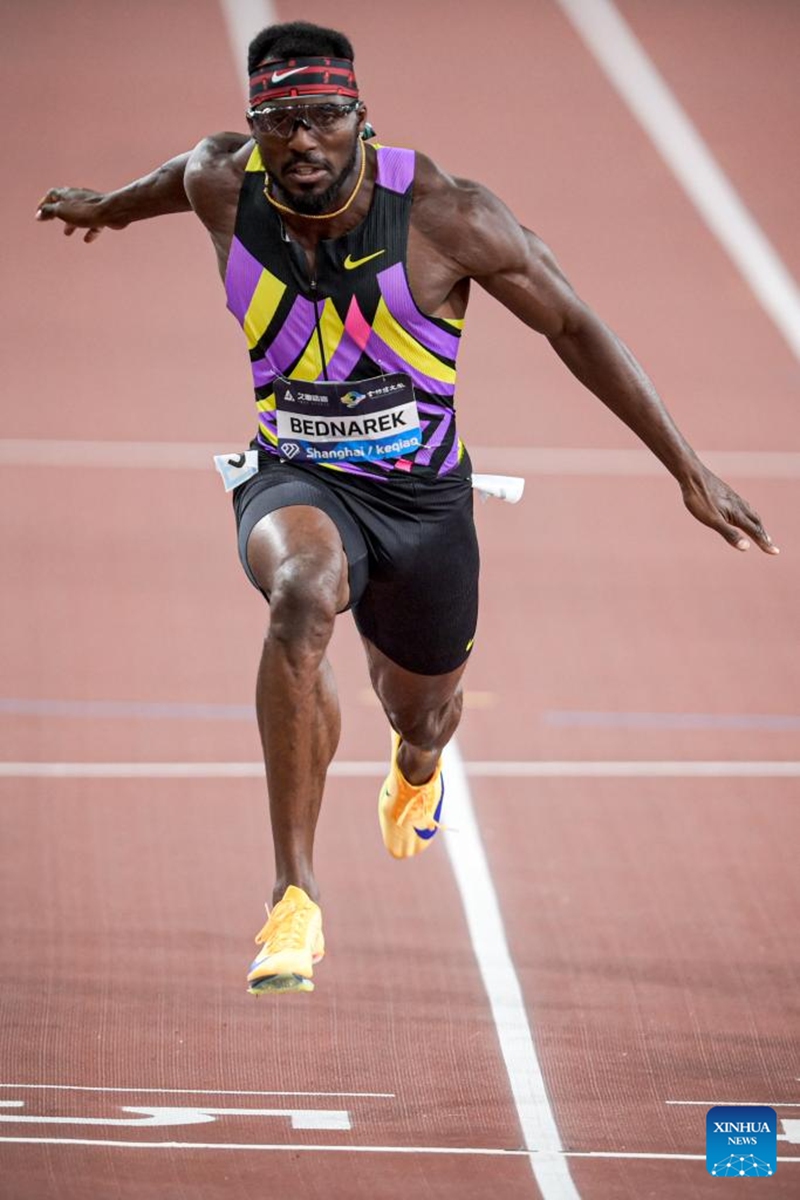 Kenneth Bednarek of the United States competes during the men's 100m final at the Yangtze River Delta Athletics Diamond Gala in Shaoxing, east China's Zhejiang Province, May 16, 2026. (Xinhua/Jiang Han)