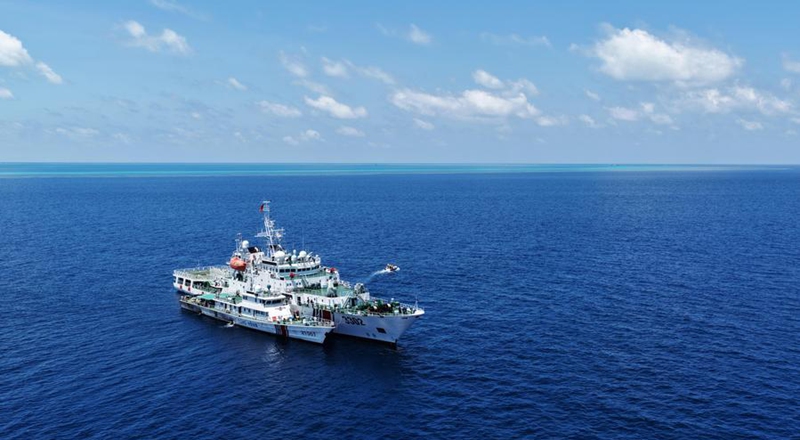 An aerial drone photo taken on April 28, 2026 shows the China Coast Guard (CCG) vessel Chuanshan patrolling in the territorial waters of China's Huangyan Dao in the South China Sea. (Xinhua/Chen Bin)