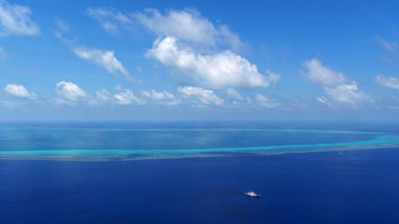 An aerial drone photo taken on April 28, 2026 shows a view of China's Huangyan Dao National Nature Reserve in the South China Sea. (Xinhua/Chen Bin)
