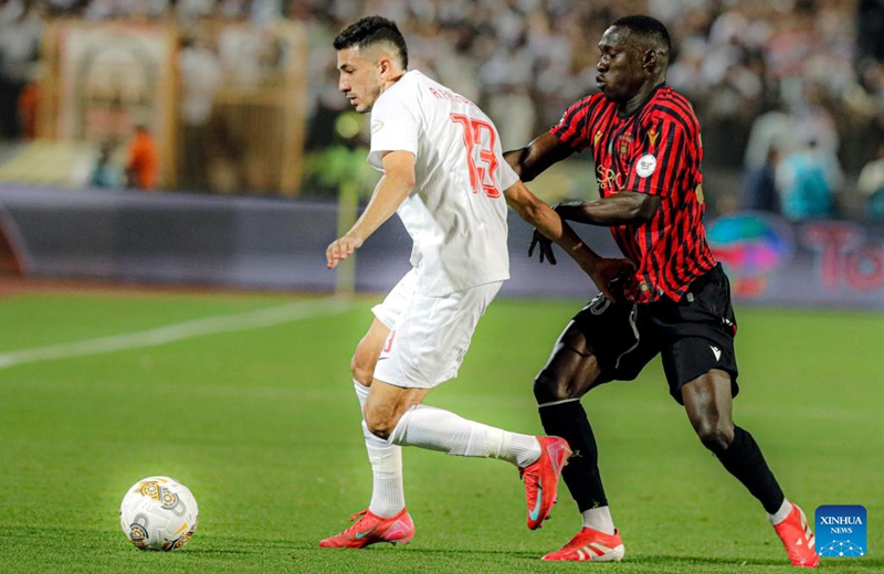 Ahmed Mohamed Abo Elfetouh (L) of Zamalek SC competes during the final match between Zamalek SC of Egypt and USM Alger of Algeria at the 2025/26 CAF Confederation Cup in Cairo, Egypt, on May 16, 2026. (Photo by Ahmed Gomaa/Xinhua)
