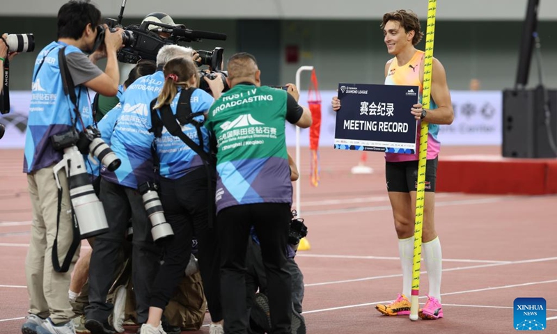 Armand Duplantis (1st R) of Sweden reacts after the men's pole vault final at the Yangtze River Delta Athletics Diamond Gala in Shaoxing, east China's Zhejiang Province, May 16, 2026. (Xinhua/Li Ming)