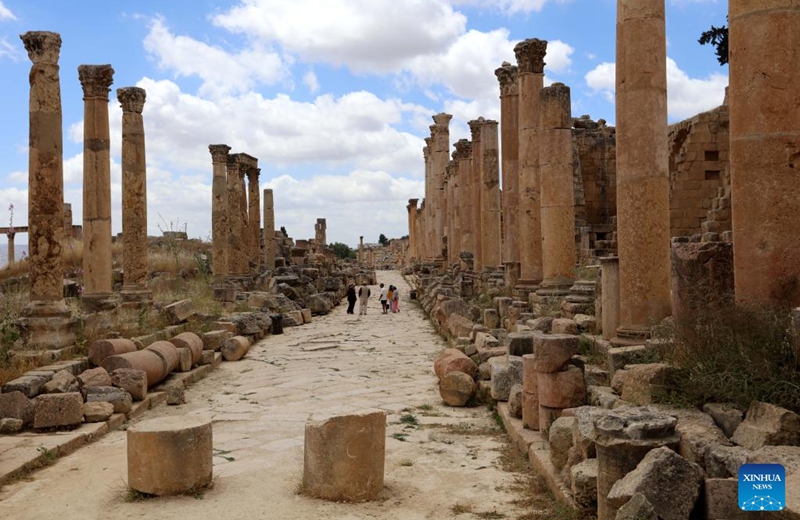 Tourists visit a Roman archeological site in Jerash, Jordan, May 16, 2026. (Photo by Mohammad Abu Ghosh/Xinhua)