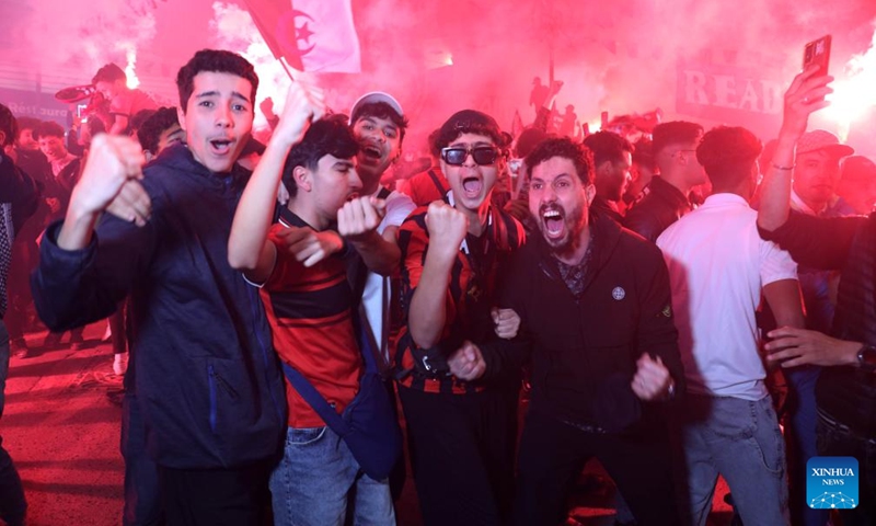 Supporters of USM Alger of Algeria celebrate in Algiers, Algeria on May 16, 2026, after USM Alger secured their second title by defeating Zamalek SC in the 2025/2026 CAF Confederation Cup Final match. Photo: Xinhua