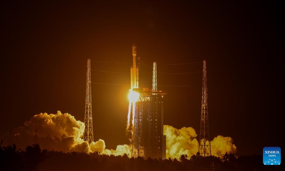 A Long March-8 carrier rocket carrying a new satellite group blasts off from the Hainan commercial spacecraft launch site in Wenchang, south China's Hainan Province, May 17, 2026. The rocket lifted off at 10:42 p.m. (Beijing Time) from the Hainan commercial spacecraft launch site. The satellite group, which is the ninth batch that will constitute the Spacesail Constellation, entered into the preset orbit successfully. (Xinhua/Yang Guanyu)

