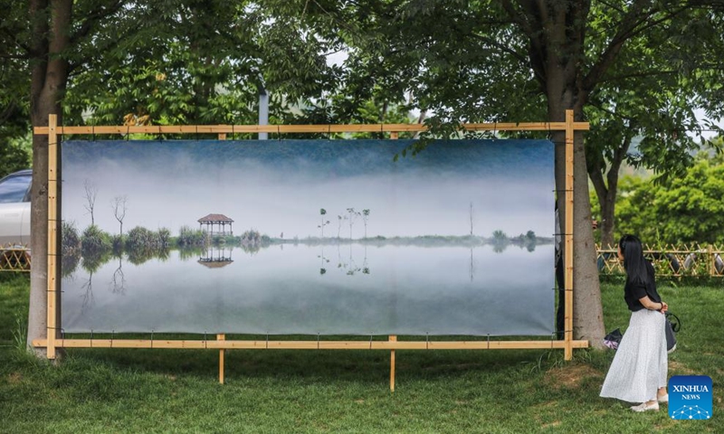 A woman views an open air art exhibition in Zhijiang Village of Xiaya Town, Jiande City of east China's Zhejiang Province, May 16, 2026. A photography + oil painting dual art exhibition was unveiled in Zhijiang Village of Xiaya Town on Saturday. Breaking the conventional boundaries of traditional art galleries, the exhibition is set amid fields, forests, and village paths. A total of 90 photography and oil painting works showcased the local rural customs and landscapes, with the majority of the artists being local villagers. Photo: Xinhua
