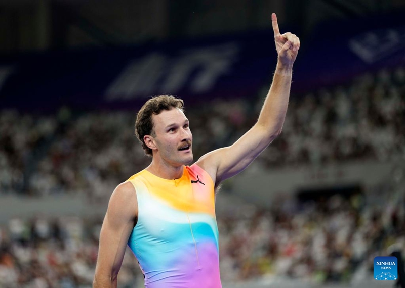 Kurtis Marschall of Australia reacts during the men's pole vault final at the Yangtze River Delta Athletics Diamond Gala in Shaoxing, east China's Zhejiang Province, May 16, 2026. (Xinhua/Luo Yuan)