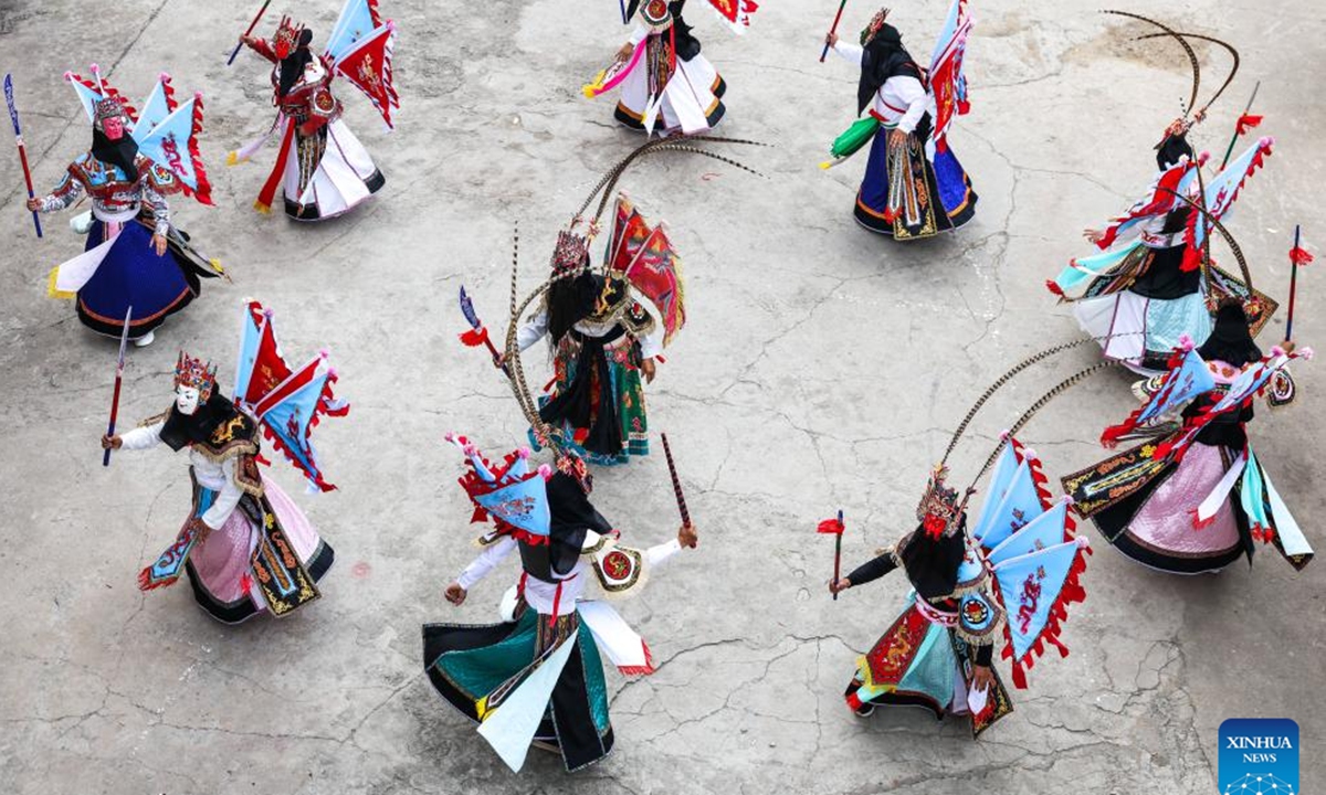 Villagers rehearse Dixi opera in Wujiatun of Zhangzhuang Village, Qiyanqiao Town of Anshun City, southwest China's Guizhou Province, May 14, 2026. (Xinhua/Yang Wenbin)

