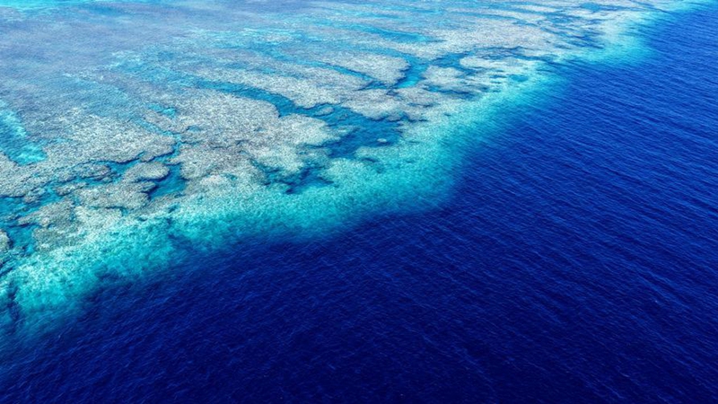 An aerial drone photo taken on April 28, 2026 shows reefs in the territorial waters of China's Huangyan Dao in the South China Sea. (Xinhua/Chen Bin)