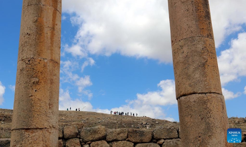 Tourists visit a Roman archeological site in Jerash, Jordan, May 16, 2026. (Photo by Mohammad Abu Ghosh/Xinhua)