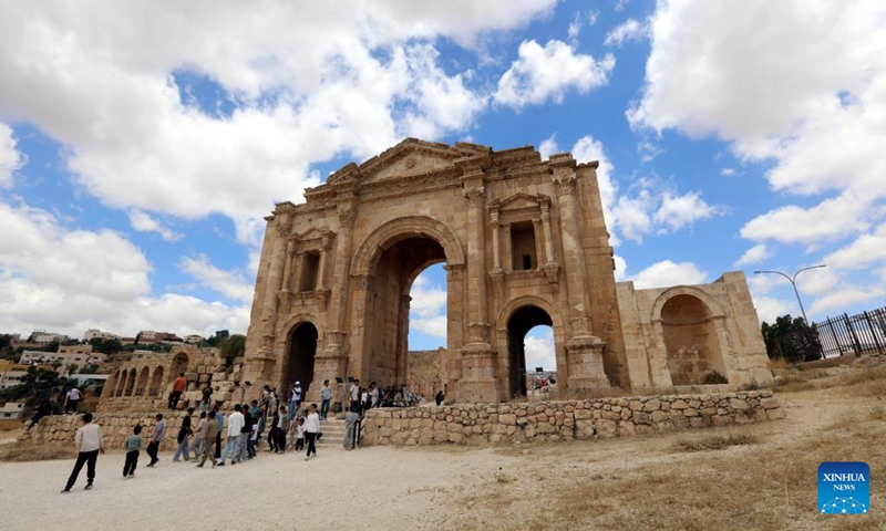 Tourists visit a Roman archeological site in Jerash, Jordan, May 16, 2026. (Photo by Mohammad Abu Ghosh/Xinhua)