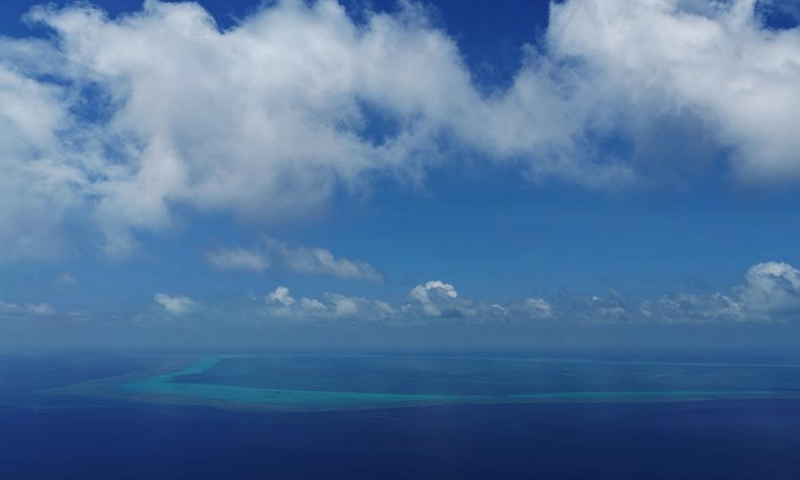 An aerial drone photo taken on April 28, 2026 shows a view of China's Huangyan Dao National Nature Reserve in the South China Sea. (Xinhua/Chen Bin)