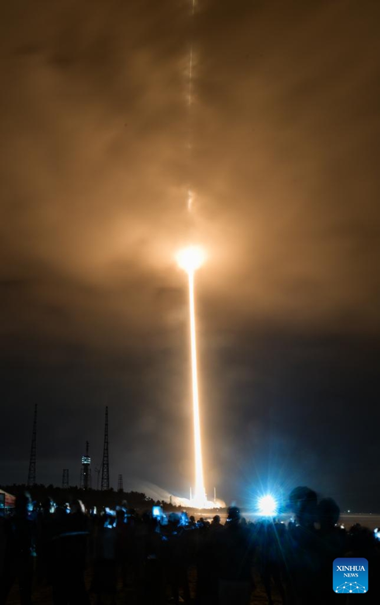 A Long March-8 carrier rocket carrying a new satellite group blasts off from the Hainan commercial spacecraft launch site in Wenchang, south China's Hainan Province, May 17, 2026. The rocket lifted off at 10:42 p.m. (Beijing Time) from the Hainan commercial spacecraft launch site. The satellite group, which is the ninth batch that will constitute the Spacesail Constellation, entered into the preset orbit successfully. (Xinhua/Yang Guanyu)

