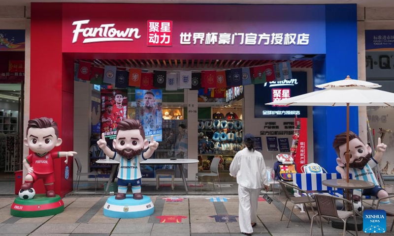 A World Cup-themed shop is seen at the Yiwu International Trade Market in Yiwu, east China's Zhejiang Province, May 15, 2026. As the 2026 FIFA World Cup draws near, World Cup-themed merchandise produced in Yiwu is in high demand. Yiwu is famous for small commodities manufacturing. According to local sources, most manufacturers began taking and producing orders related to the 2026 World Cup as early as last year, with products being shipped to markets around the world. (Xinhua/Huang Zongzhi)