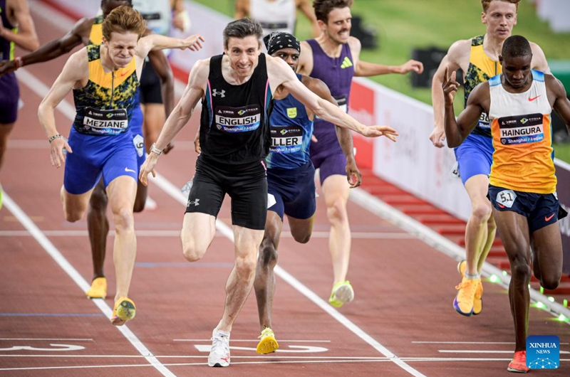Mark English (2nd L) of Ireland crosses the finish line during the men's 800m final at the Yangtze River Delta Athletics Diamond Gala in Shaoxing, east China's Zhejiang Province, May 16, 2026. (Xinhua/Jiang Han)