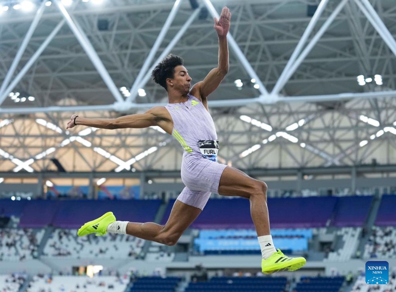 Mattia Furlani of Italy competes during the men's long jump final at the Yangtze River Delta Athletics Diamond Gala in Shaoxing, east China's Zhejiang Province, May 16, 2026. (Xinhua/Luo Yuan)