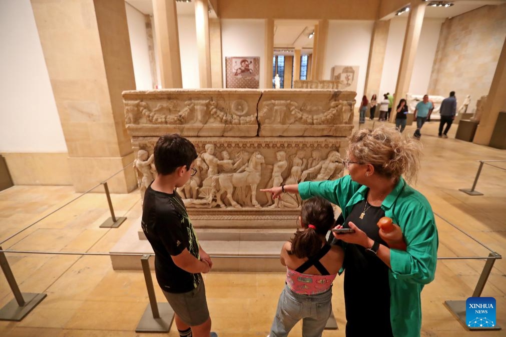 Visitors view an exhibit at the Beirut National Museum in Beirut, Lebanon, on May 17, 2026. The Beirut National Museum opened its doors to the public free of charge on Sunday, inviting visitors to explore Lebanon's ancient civilizations and archaeological treasures ahead of the International Museum Day which falls on May 18. (Photo: Xinhua)