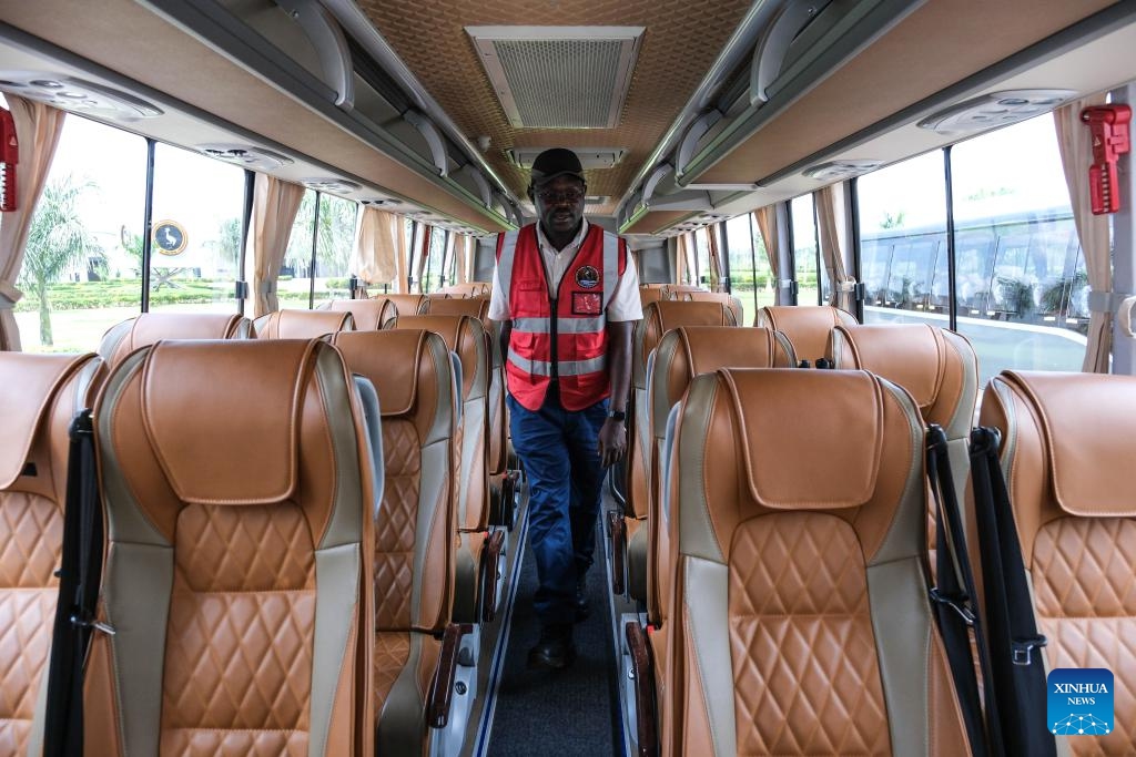 An engineer walks inside an electric bus at the Kiira Vehicle Plant in Jinja, Eastern Uganda, on May 18, 2026. (Photo: Xinhua)