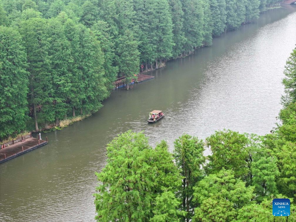 A drone photo taken on May 19, 2026 shows tourists enjoying scenery by boat at the Lixiahe National Wetland Park in Xinghua, east China's Jiangsu Province. This Tuesday marks the 16th China Tourism Day. (Photo: Xinhua)