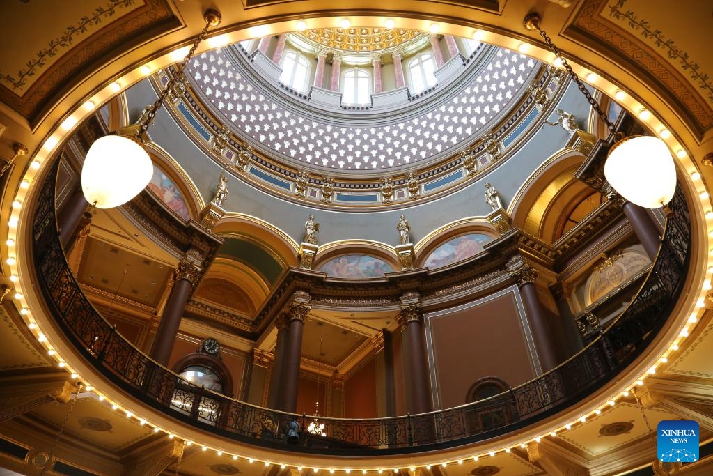 Photo taken on May 15, 2026 shows the dome of Iowa State Capitol building in Des Moines, Iowa, the United States. (Photo: Xinhua)