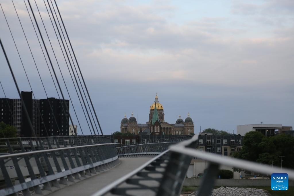 Photo taken on May 14, 2026 shows the building of Iowa State Capitol with a gold-leafed dome in Des Moines, Iowa, the United States. (Photo: Xinhua)