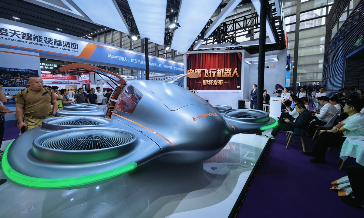 A fl ying robot is exhibited at the 10th Drone World Congress, which opened in Shenzhen, South China's Guangdong Province, on May 21, 2026. Photo: VCG