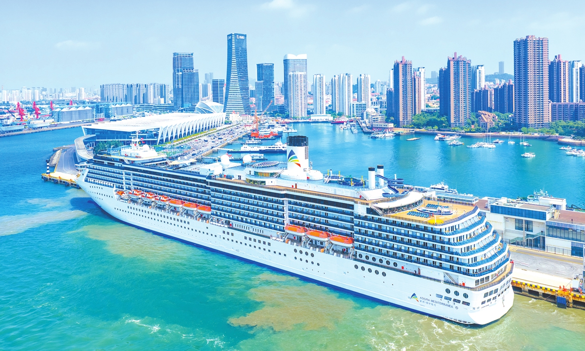 The Chinese cruise ship Adora Mediterranea docks at a port in Qingdao, East China's Shandong Province on May 21, 2026. That evening, the ship, carrying more than 2,600 passengers, officially set sail for Busan and Jeju in South Korea, marking the launch of the cruise tourism season of Qingdao in 2026. Photo: VCG