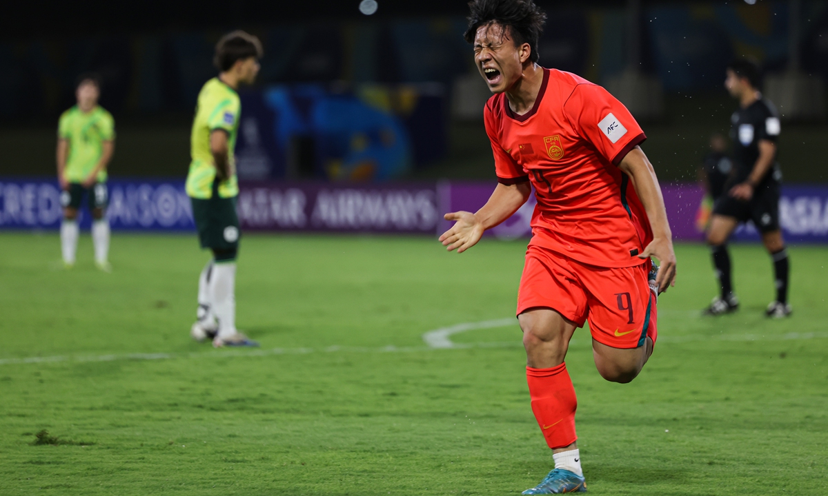 China's Xie Jin celebrates after scoring a goal against Australia at the U17 Asian Cup on May 19, 2026 in Jeddah, Saudi Arabia. Photo: VCG