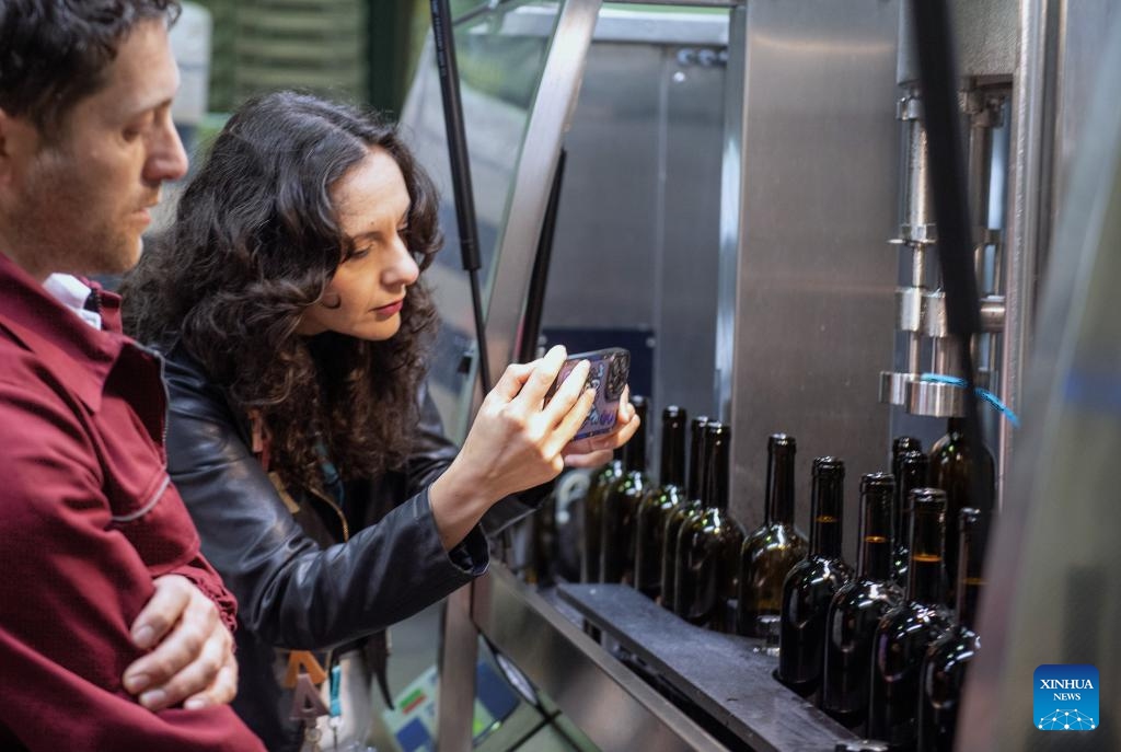Visitors tour the bottling workshop of the Shirvan-Meysari Winery in Shamakhi, Azerbaijan, May 21, 2026. As Azerbaijan's first winery awarded EU organic certification, Shirvan-Meysari Winery has become one of the country's wine-industry calling cards. (Photo: Xinhua)
