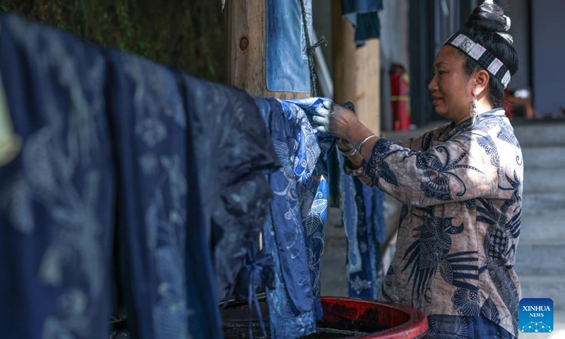 Inheritor Zhang Shixiu checks a wax dyeing artwork in Paimo Village, Danzhai County of southwest China's Guizhou Province, May 20, 2026. Miao wax dyeing, a craft inherited through generations among the Miao ethnic group in southwest China's Guizhou, was listed as a national intangible cultural heritage in 2006. The folk artwork is famous for its elegant color, graceful patterns and rich cultural expressions. (Photo: Xinhua)