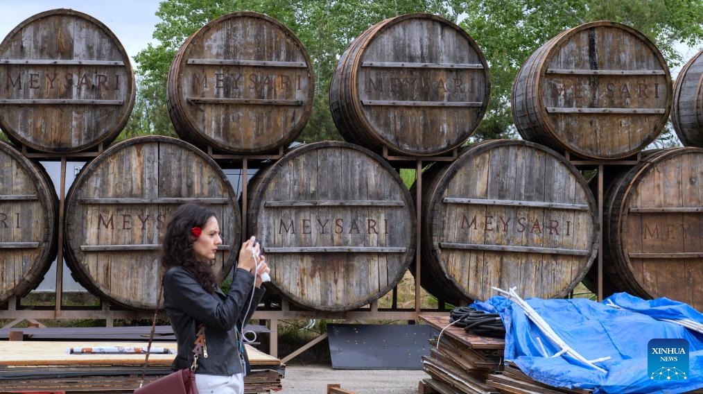 A visitor tours the Shirvan-Meysari Winery in Shamakhi, Azerbaijan, May 21, 2026. As Azerbaijan's first winery awarded EU organic certification, Shirvan-Meysari Winery has become one of the country's wine-industry calling cards. (Photo: Xinhua)