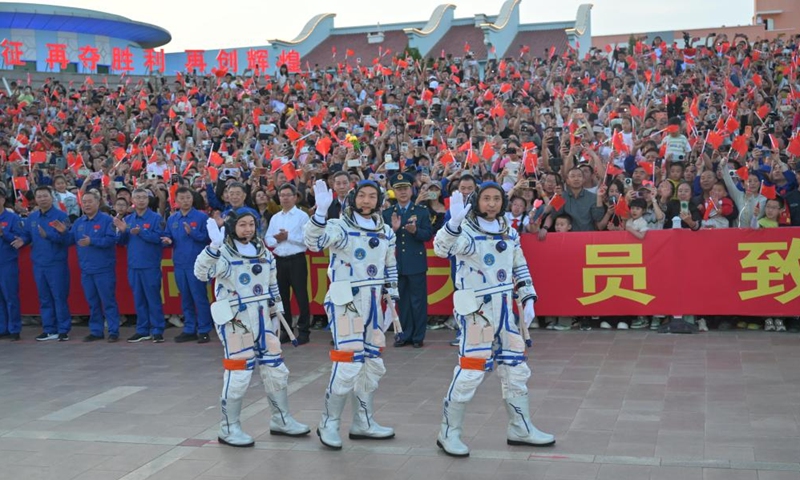 A send-off ceremony for the three Chinese astronauts of the Shenzhou-23 crewed space mission is held at the Jiuquan Satellite Launch Center in northwest China, May 24, 2026. (Xinhua/Lian Zhen)