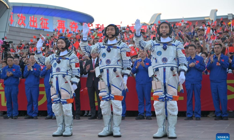 Chinese astronauts Zhu Yangzhu (R), Zhang Zhiyuan (C) and Li Jiaying attend the send-off ceremony at the Jiuquan Satellite Launch Center in northwest China, May 24, 2026. A send-off ceremony for the three Chinese astronauts of the Shenzhou-23 crewed space mission was held here on Sunday. (Xinhua/Cai Yang)