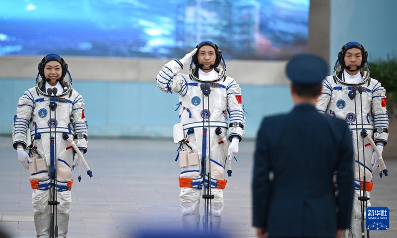 A send-off ceremony for the three Chinese astronauts of the Shenzhou-23 crewed space mission is held at the Jiuquan Satellite Launch Center in northwest China, May 24, 2026. (Xinhua/Lian Zhen)