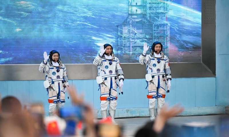 A send-off ceremony for the three Chinese astronauts of the Shenzhou-23 crewed space mission is held at the Jiuquan Satellite Launch Center in northwest China, May 24, 2026. (Xinhua/Lian Zhen)
