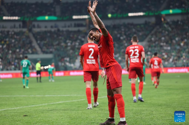 Gustavo of Henan FC celebrates a goal during the 14th round match between Beijing Guoan and Henan FC at the 2026 season Chinese Football Super League (CSL) in Beijing, capital of China, May 23, 2026. (Xinhua/Hu Xingyu)