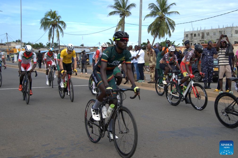 Cyclists compete at the starting line of the fourth stage in Aneho, Togo, May 23, 2026. The 31st International Cycling Tour of Togo concluded Saturday evening in Lome, the Togolese capital. (Xinhua/Si Yuan)