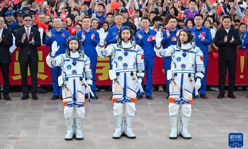 A send-off ceremony for the three Chinese astronauts of the Shenzhou-23 crewed space mission is held at the Jiuquan Satellite Launch Center in northwest China, May 24, 2026. (Xinhua/Lian Zhen)