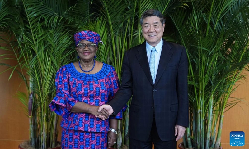 Chinese Vice Premier He Lifeng, also a member of the Political Bureau of the Communist Party of China Central Committee, holds talks with World Trade Organization (WTO) Director-General Ngozi Okonjo-Iweala during the APEC Ministers Responsible for Trade Meeting in Suzhou, east China's Jiangsu Province, on May 23, 2026. He on Saturday attended and addressed the meeting. (Xinhua/Xing Guangli)