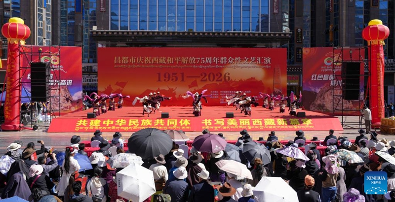A performance celebrating the 75th anniversary of the peaceful liberation of Xizang is staged in Qamdo, southwest China's Xizang Autonomous Region, May 23, 2026. Xizang marks the 75th anniversary of its peaceful liberation on Saturday. People here celebrated with singing and dancing, praising a better life. (Photo by Choden Tsering/Xinhua)