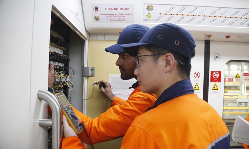 A Chinese and a Pakistani employee check an Orange Line Metro Train (OLMT) for maintenance in Lahore, Pakistan, Feb. 1, 2024. Photo: Xinhua